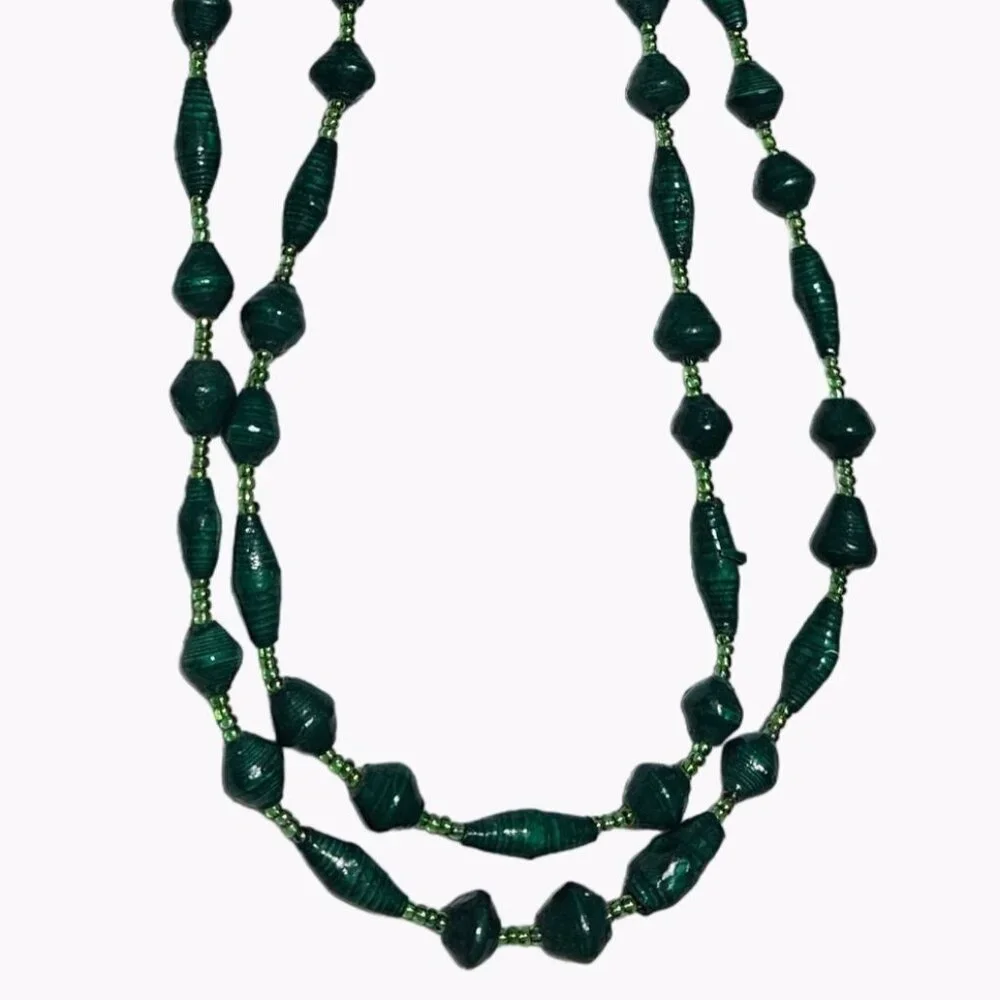 Handmade Retro Green Beaded Long Necklace Paper Beads One or Two Strand 60s Fash